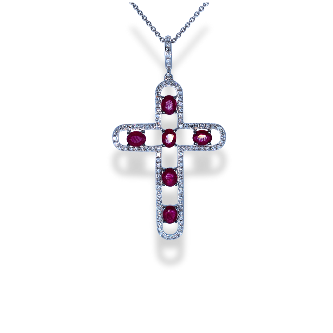 9ct gold diamond and ruby cross necklace