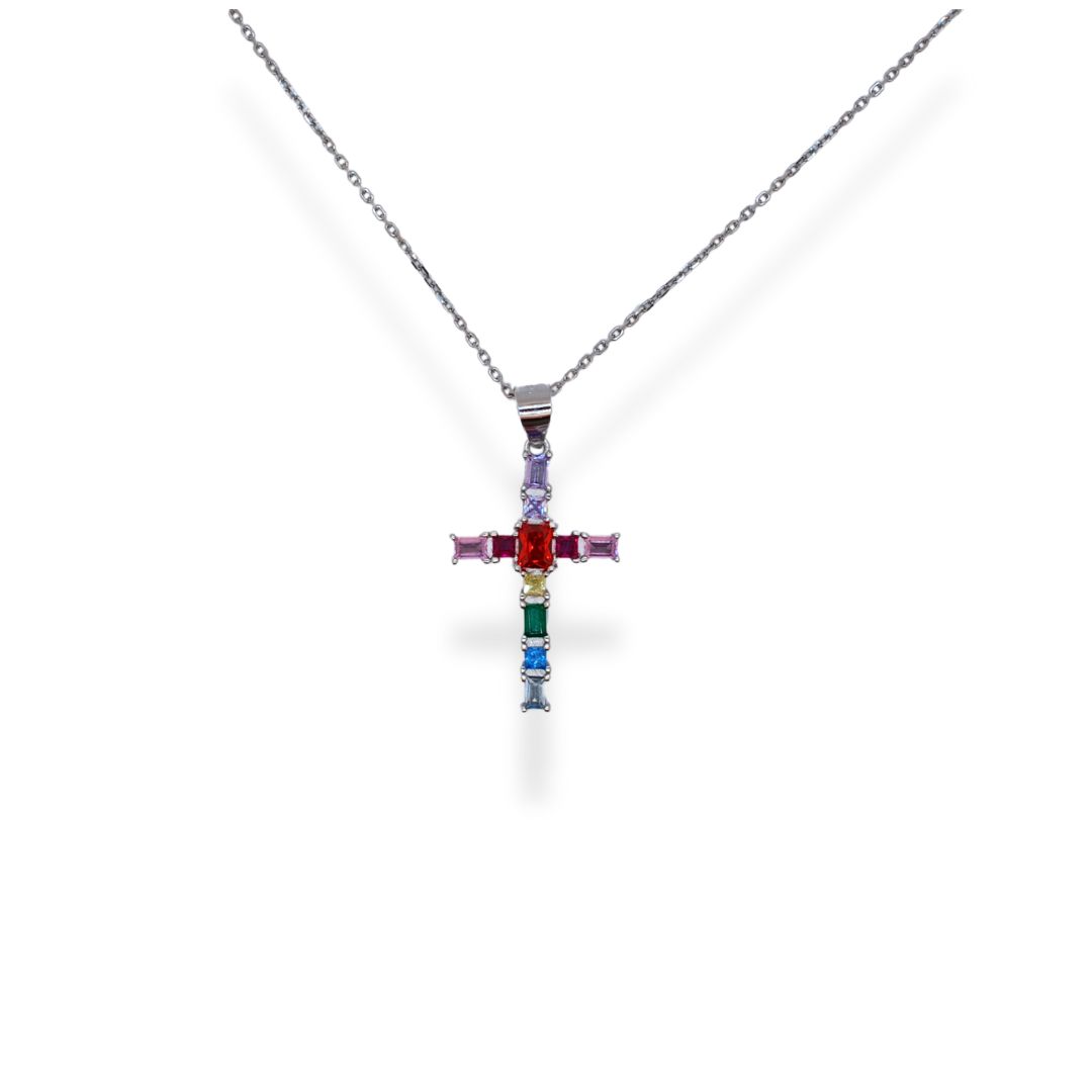 Silver colourful cz cross necklace