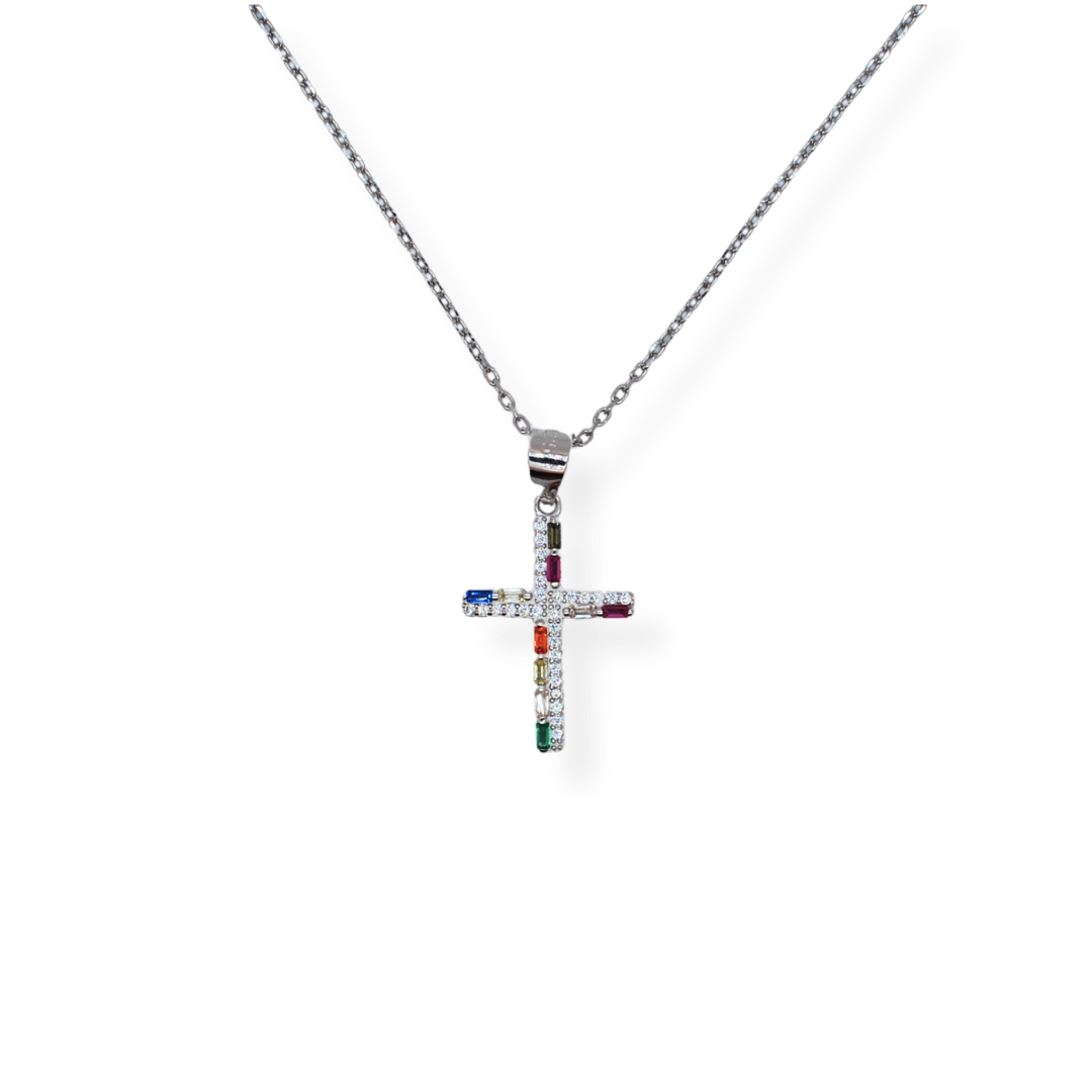 Silver colourful cz cross necklace