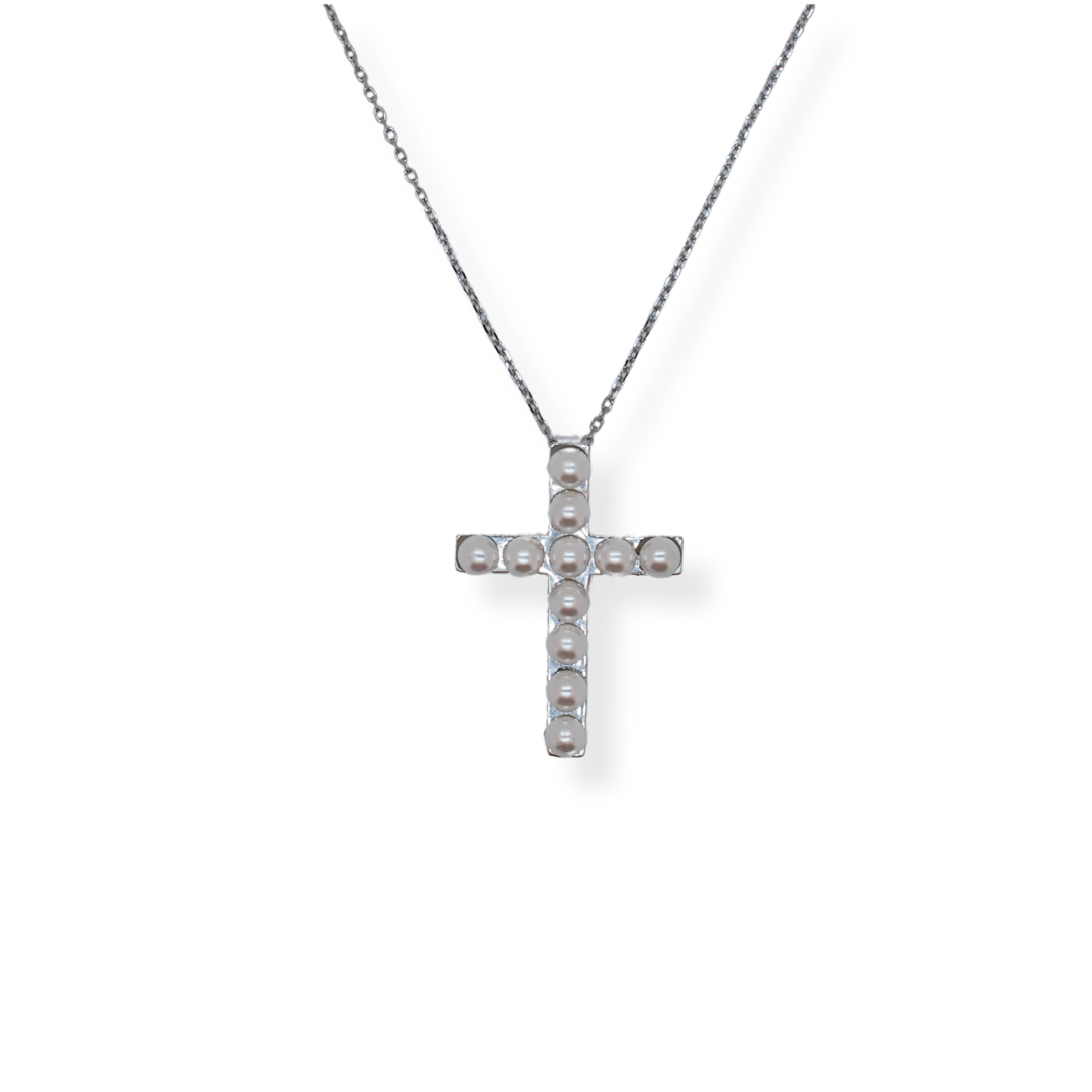 Silver pearl cross necklace